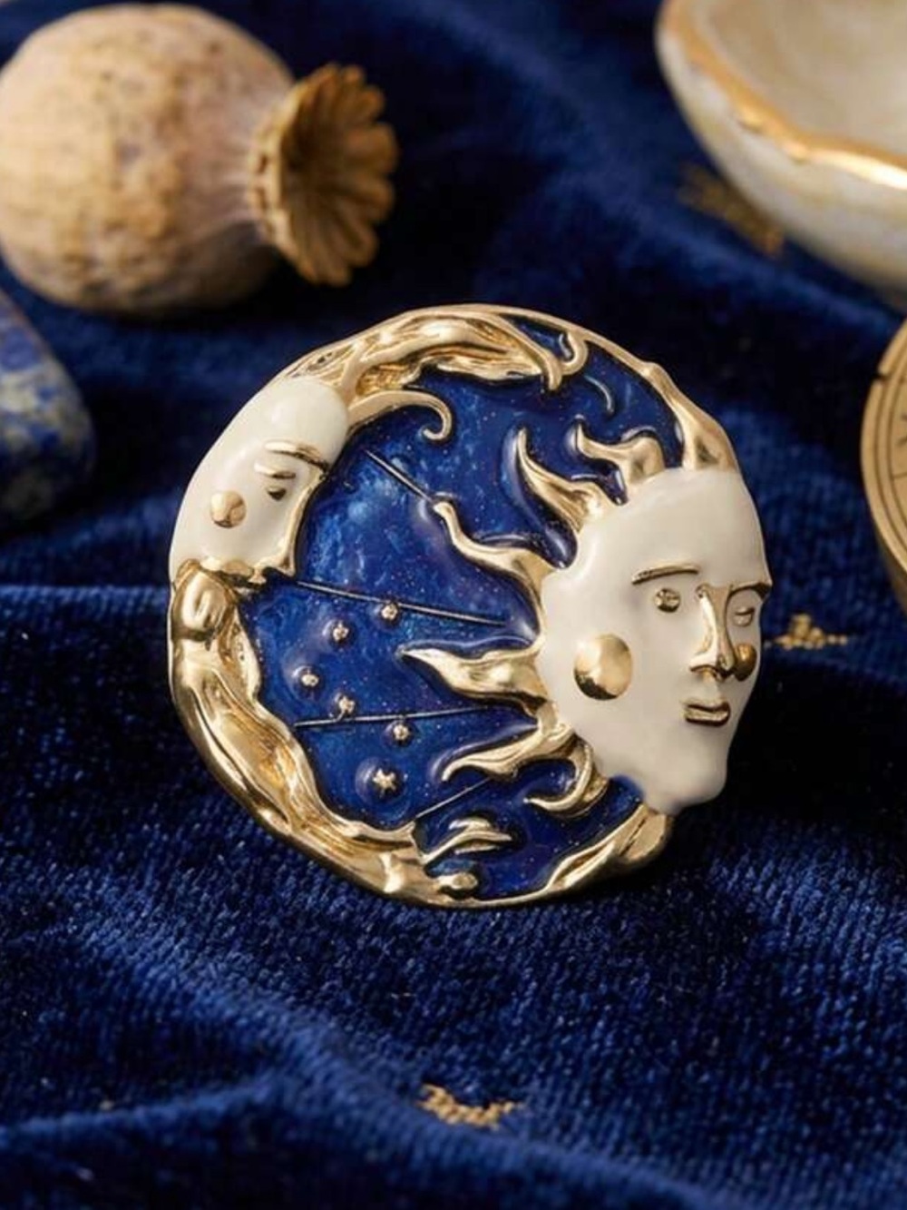 Celestial Royal Blue Sun Moon Brooch